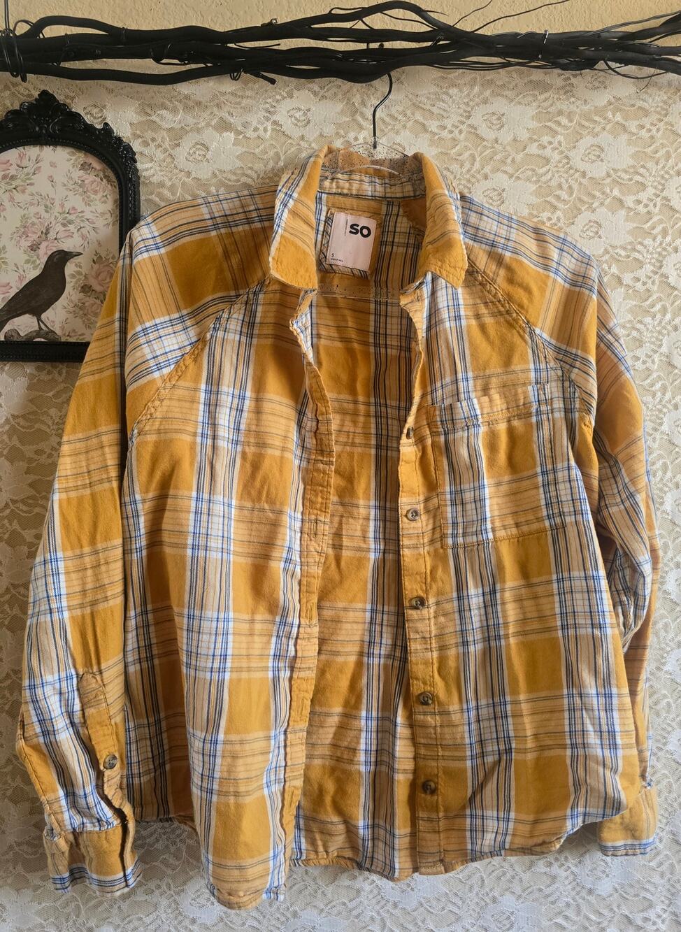 Yellow Plaid Button Down Flannel Shirt Lightweight - Grunge Aesthetic - Skater